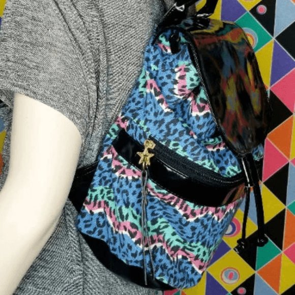 90s Rainbow Cheetah Print Canvas/Patent Backpack 80s 1980s Aesthetic Vintage - Picture 2 of 10